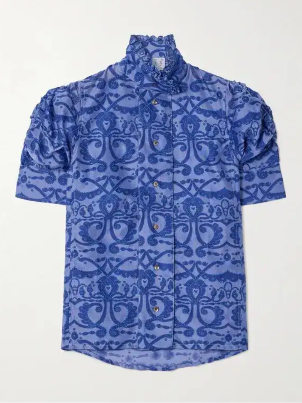 NEW Thierry Colson Women’s Vita Ruffled Ruched Sleeve Blue Silk Blend Blouse S